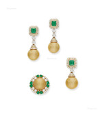 养殖珍珠配祖母绿及钻石戒指，吊耳环及吊坠套装